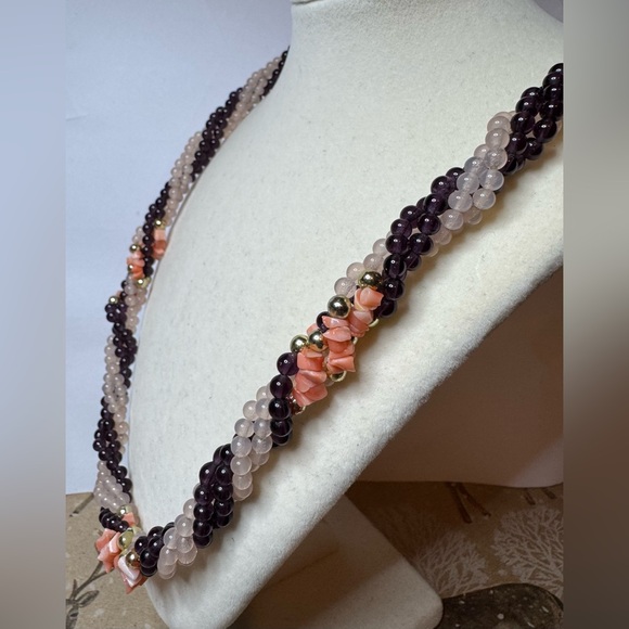 Vintage Genuine Garnet, Rose Quartz, & Angel skin Coral Necklace - Picture 4 of 5